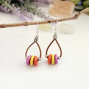 Leather Cord Dangle Earrings, Multicolor Turquoise Stone Beads Drop Earrings